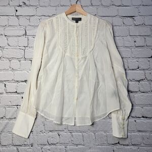 Graydn Cotton Silk Ruffle Bib Pilgrim Collar Button Up White Blouse Size S